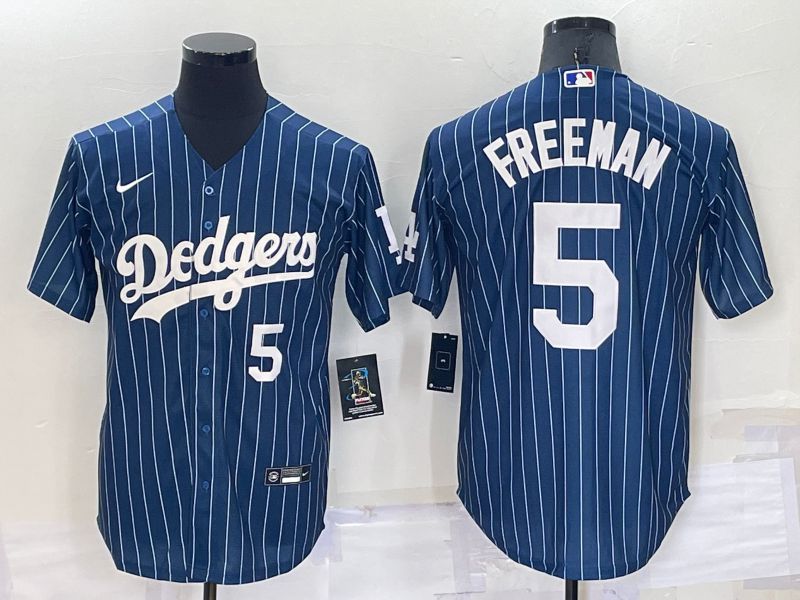 Men Los Angeles Dodgers 5 Freeman Blue Stripe Throwback Nike 2022 MLB Jerseys1